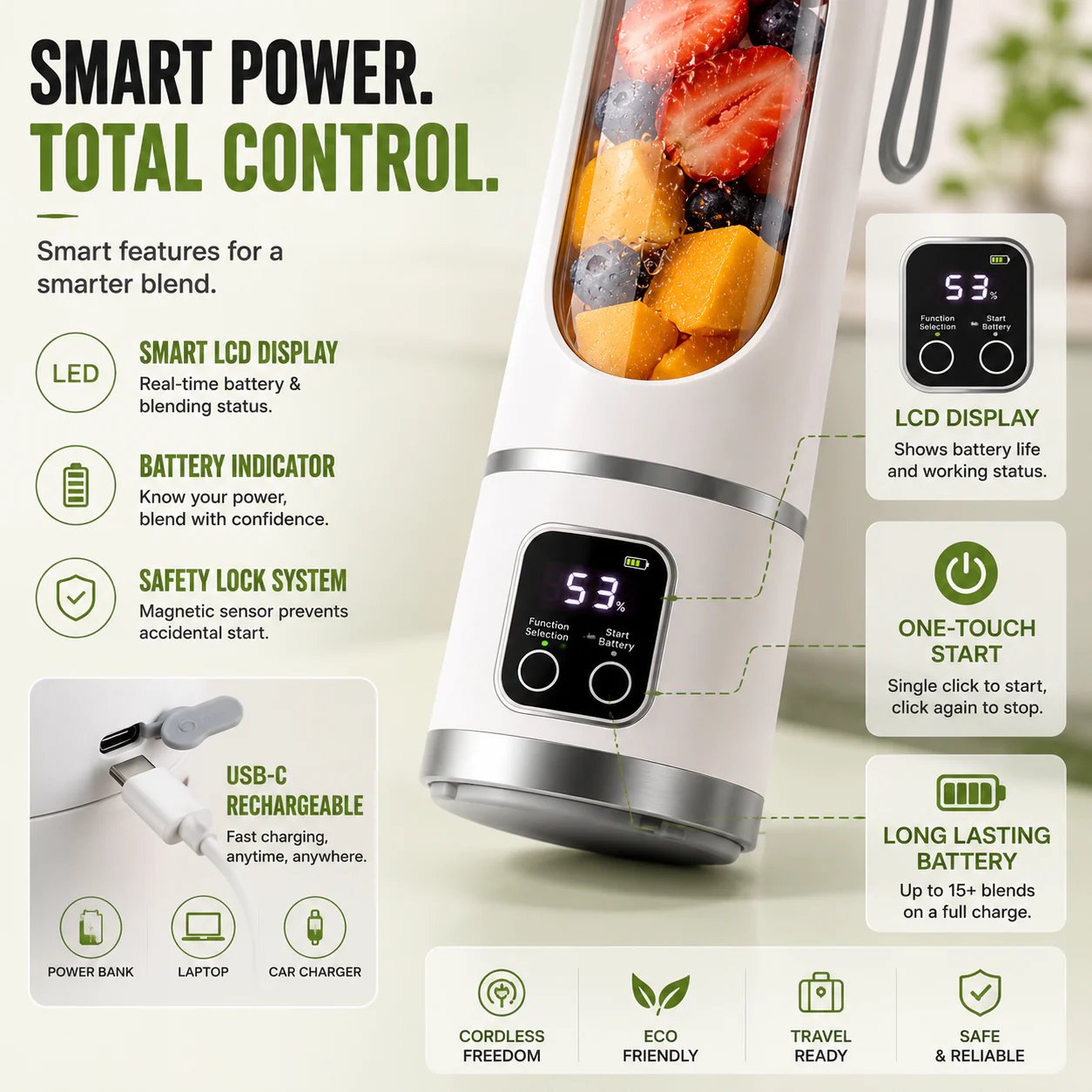 Portable blender smart display and USB charging
