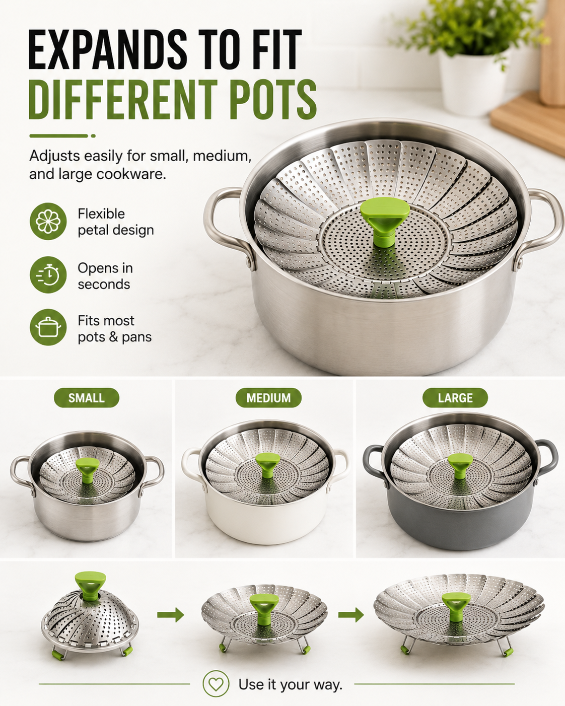 Last Day Sale — Up to 70% OFF | Expandable Stainless Steel Steamer Basket | Foldable Pot Insert
