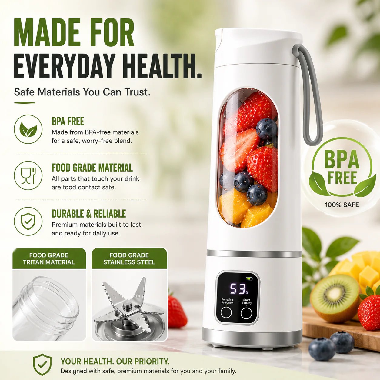 Portable blender safety and material design