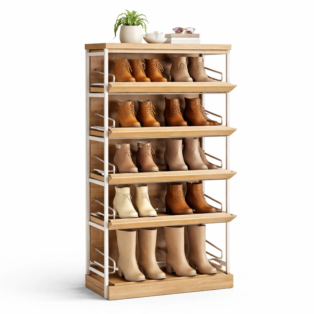 Schuhschrank mit T�ren und Rattanfront-Woodentra