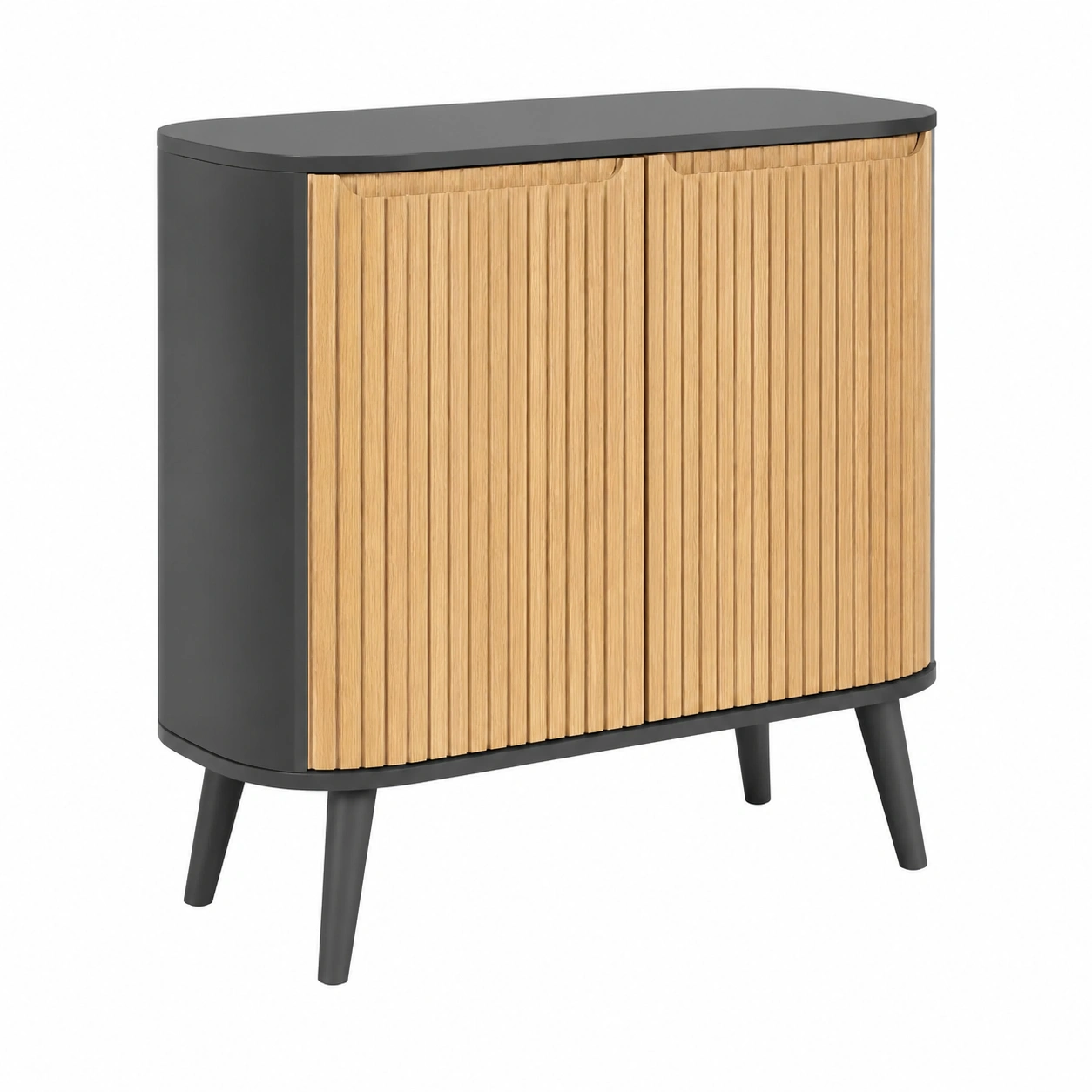 Aparador Moderno Negro con Puertas Ranuradas de Madera y Patas Inclinadas-CasaLunex