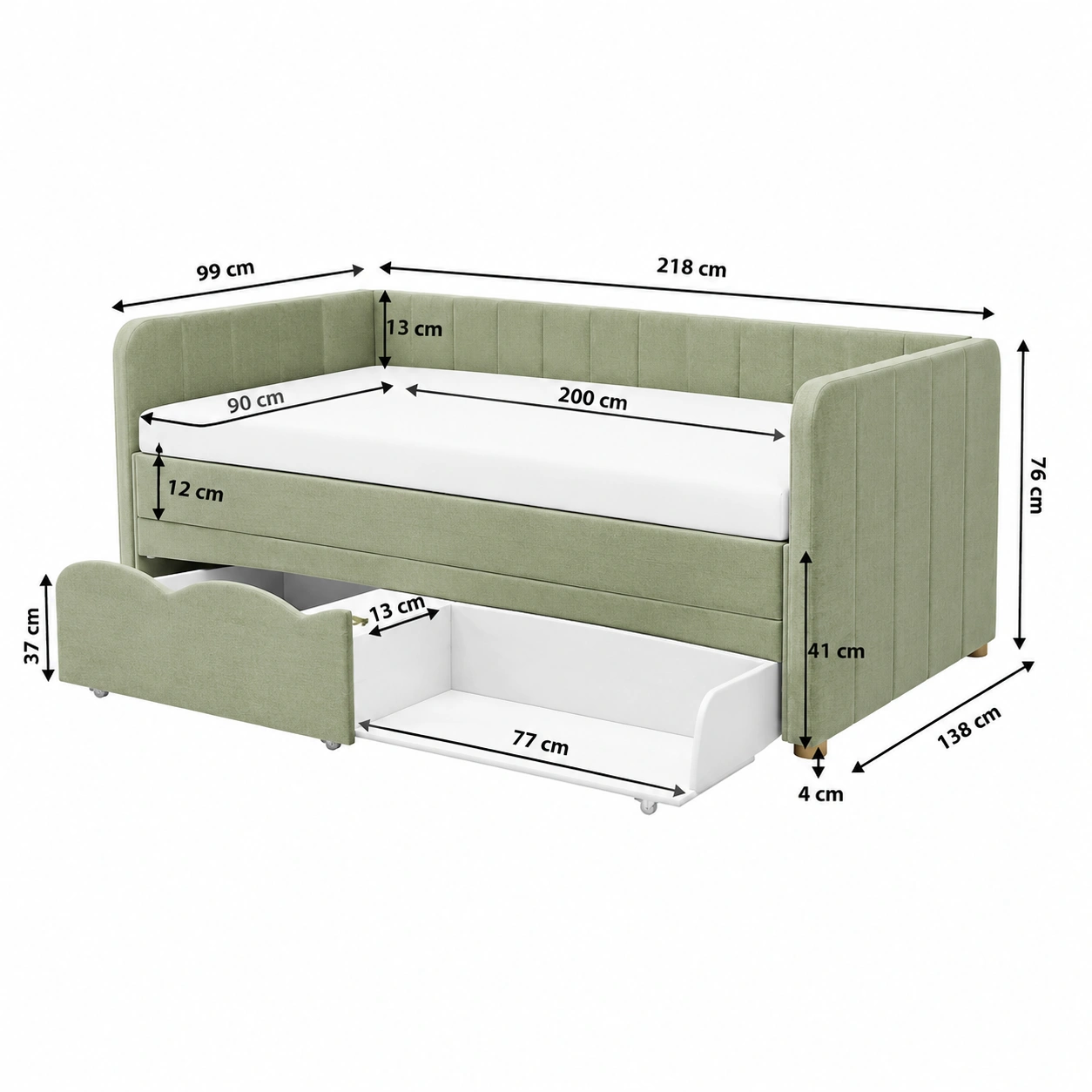 Sofa Cama Juvenil Tapizado Verde Claro con Cajon de Almacenamiento 200 x 90 cm-CasaLunex