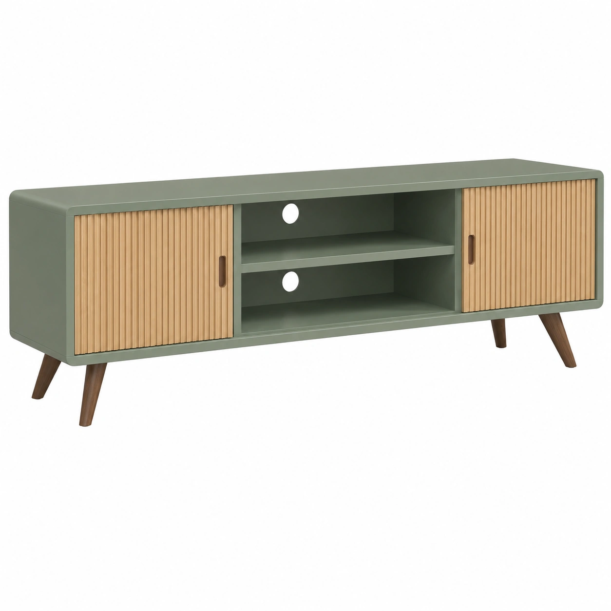 Mueble TV Nordico Moderno con Puertas Corredizas y Estantes Abiertos Verde Salvia/Madera Natural-CasaLunex