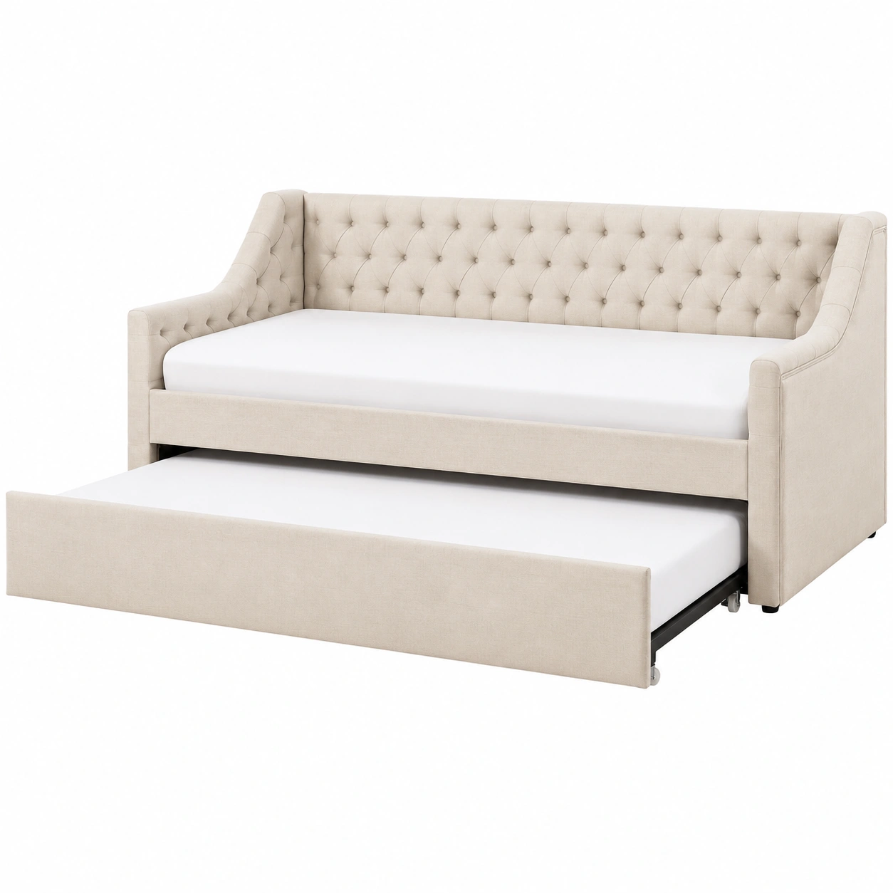 Sofa Cama Tapizado Beige con Cama Nido y Respaldo Capitoneado-CasaLunex