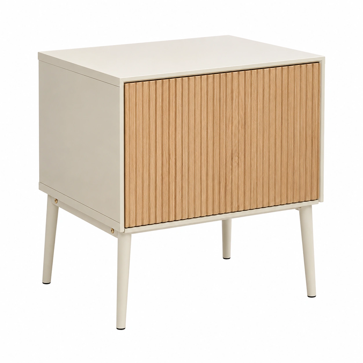 Mesa de Noche Moderna Minimalista con Puerta Ranurada Beige y Madera Natural-CasaLunex