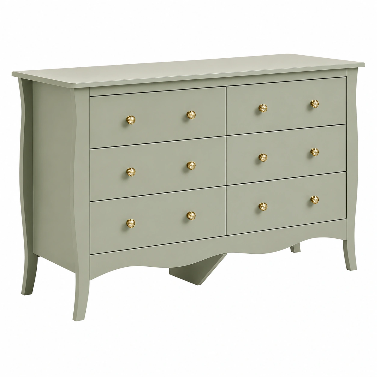 Comoda moderna de 6 cajones verde salvia con tiradores dorados para dormitorio y sala-CasaLunex