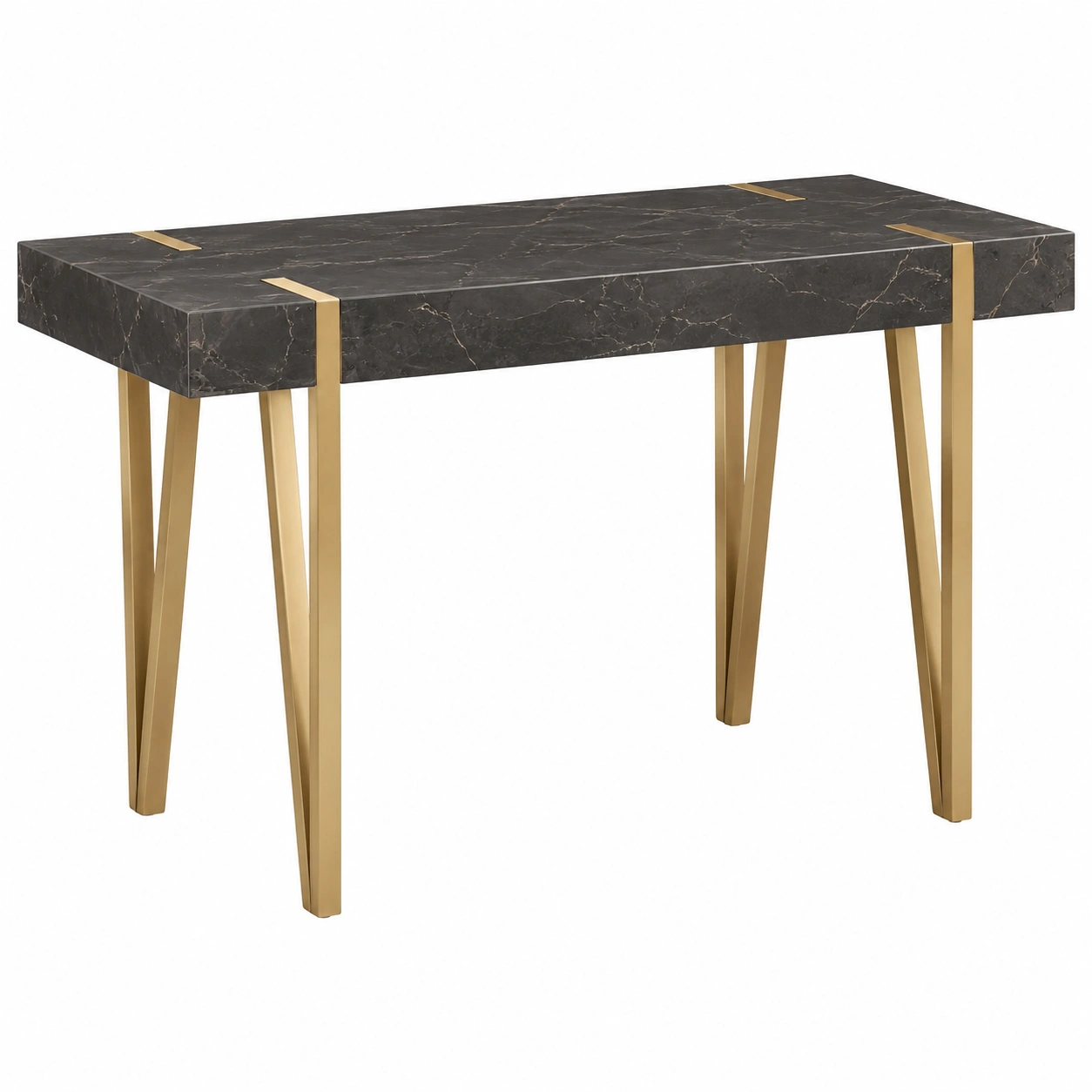 Mesa Consola Moderna con Acabado Marmol Negro y Patas Doradas-CasaLunex