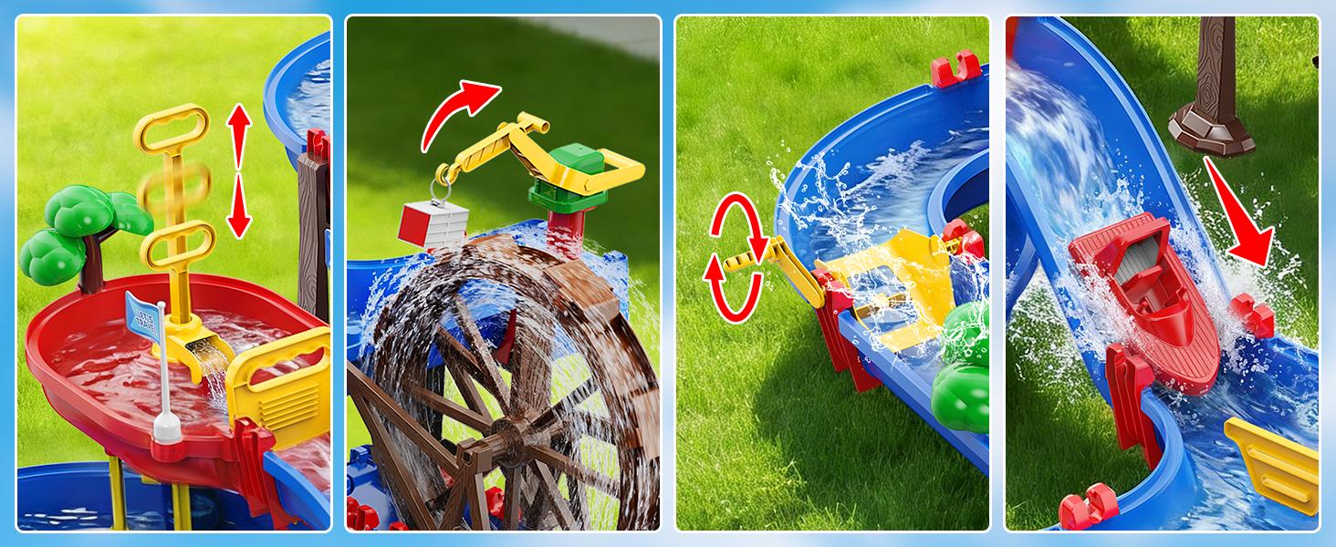 VATOS 2-Tier Watermill Summer Water Table, 124 PCS DIY Water Table with Water Pump Toys for Toddlers 3-5 4-7 Years Old, Fun Water Playset Outdoor Water Summer Toys for Backyard, Beach, Balcony, Garden,SummerVibes