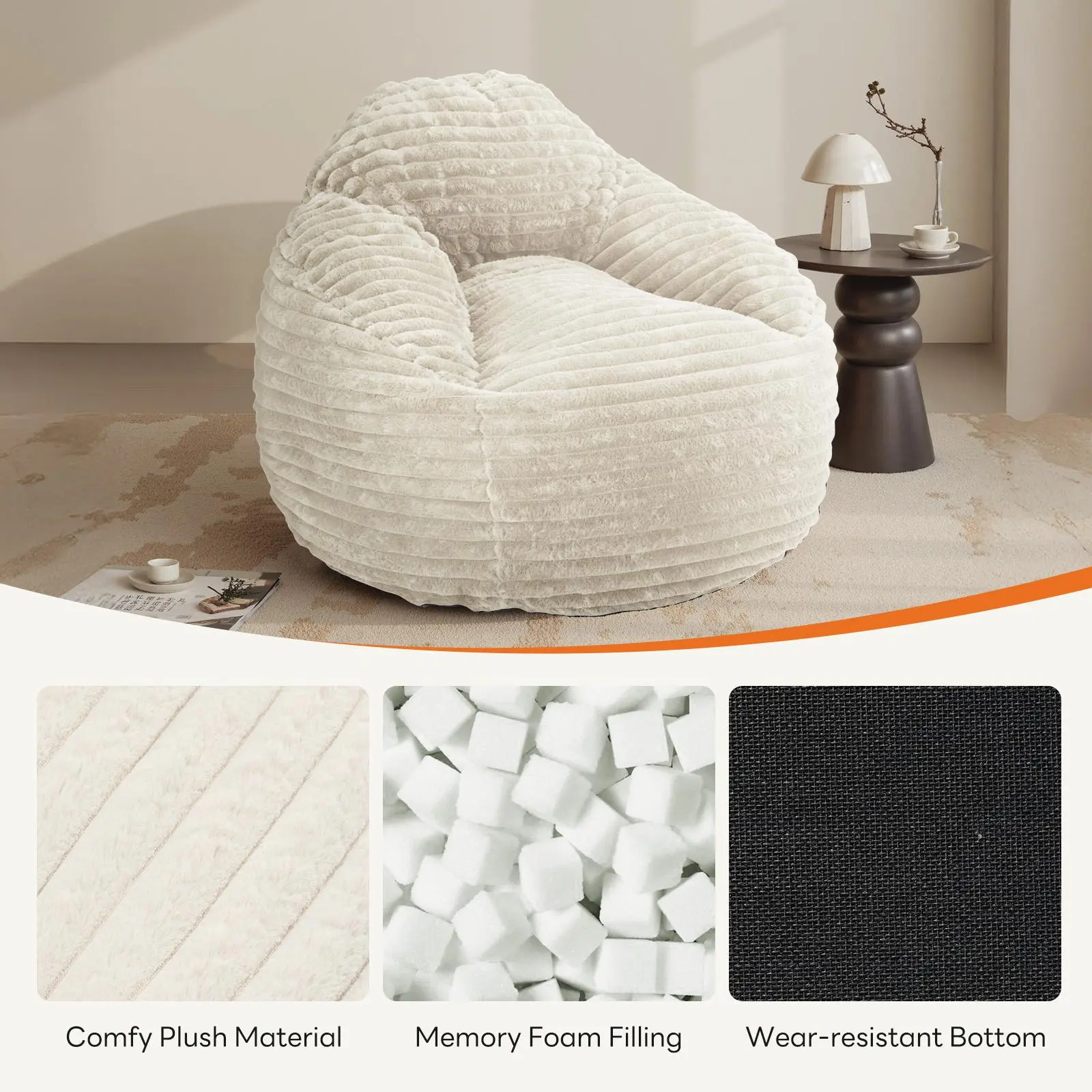 Bean Bag Chair 39 Inch Memory Foam Rounded Sofa with Backrest Beige and Black