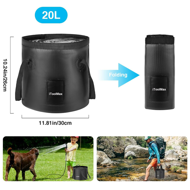For a quick shower or washing. Can be placed firmly when filled with water. Collapsible design for efficient storage.  When you are ready to then enjoy your camping shower, simply fill the collapsible bucket with freshwater, lower the camping shower pump into the collapsible bucket.