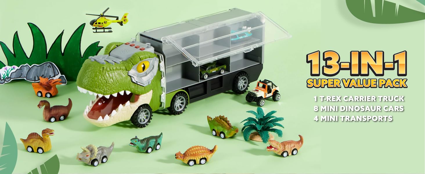 JOYIN 17inch 13 in 1 Dinosaur Transport Carrier Truck Set with 12 Pull Back Cars & 3 Die-cast Vehicles for Kids 3+ Year Old Boys Tyrannosaurus Truck & Triceratops Truck
