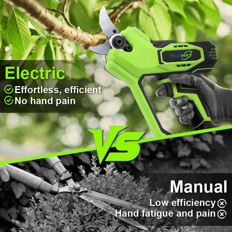 Say goodbye to ordinary pruning shears and no more wrist pain from long-term pruning, use iToolMax Electric Pruning Shears, enjoy clean cuts with just a push of a button. Cut faster 10X than traditional manual pruning and achieve greater shears work! Perfect for seniors, arthritis sufferers, and serious gardeners alike.