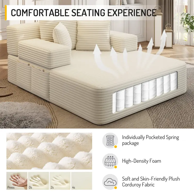 Luxury Plush Corduroy Convertible Sofa Bed, Oversized Chaise Lounge with 3 Pillows & Storage Pocket, Frameless Compression Foam Design for Small Spaces, No Assembly Required Sleeper Chair for Living Room, Apartment