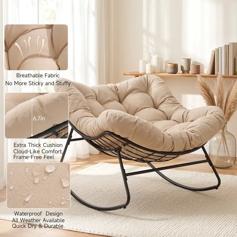Papasan Rocking Chair Outdoor/ Indoor, Oversized Rocking Chair with Thickened Cushion, 450 lbs Large Comfy Egg Chair Indoor,Cozy Lounge Reading Glider Chair for Bedroom, Blue