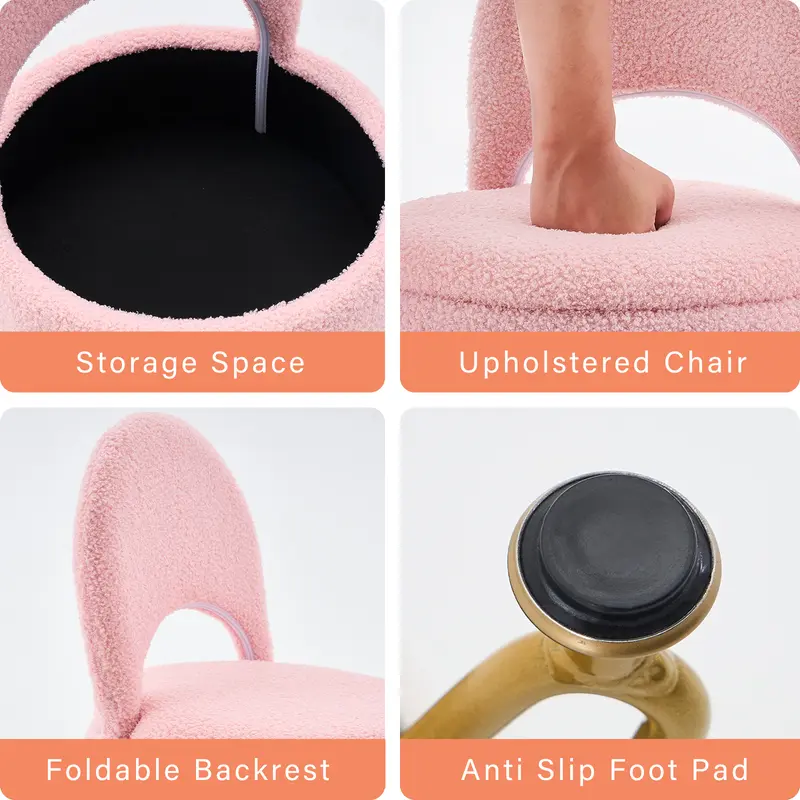 Small Teddy Velvet Vanity Chair - Multifunctional Storage Ottoman Stool with Folding Back, Reading Chair, Upholstered Design, 4 Metal Anti-Slip Legs for Bedroom, Living Room