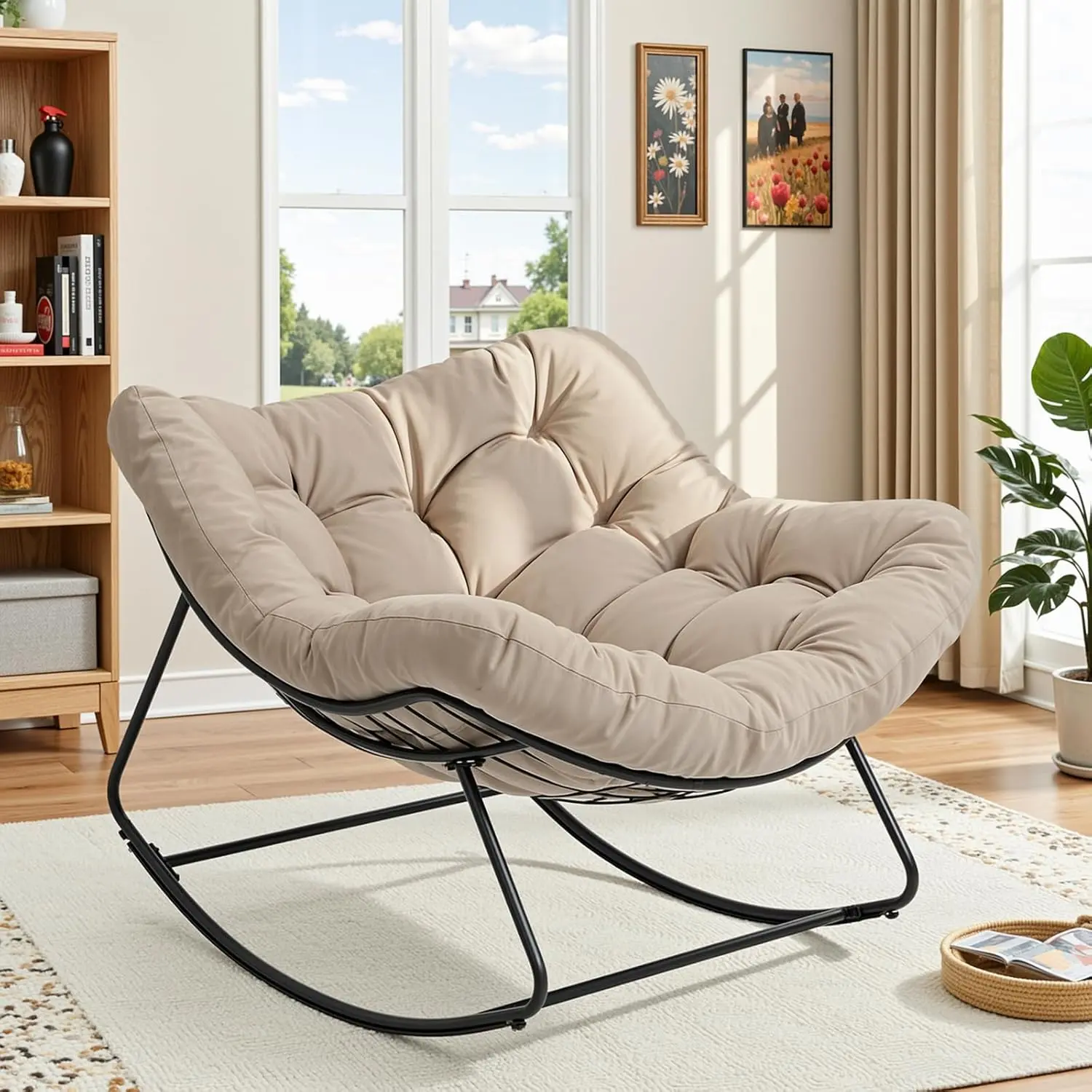 Papasan Rocking Chair Outdoor/ Indoor, Oversized Rocking Chair with Thickened Cushion, 450 lbs Large Comfy Egg Chair Indoor,Cozy Lounge Reading Glider Chair for Bedroom, Blue