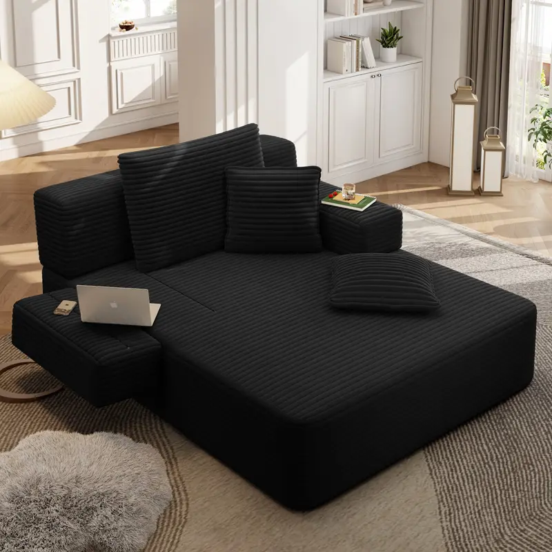 Luxury Plush Corduroy Convertible Sofa Bed, Oversized Chaise Lounge with 3 Pillows & Storage Pocket, Frameless Compression Foam Design for Small Spaces, No Assembly Required Sleeper Chair for Living Room, Apartment