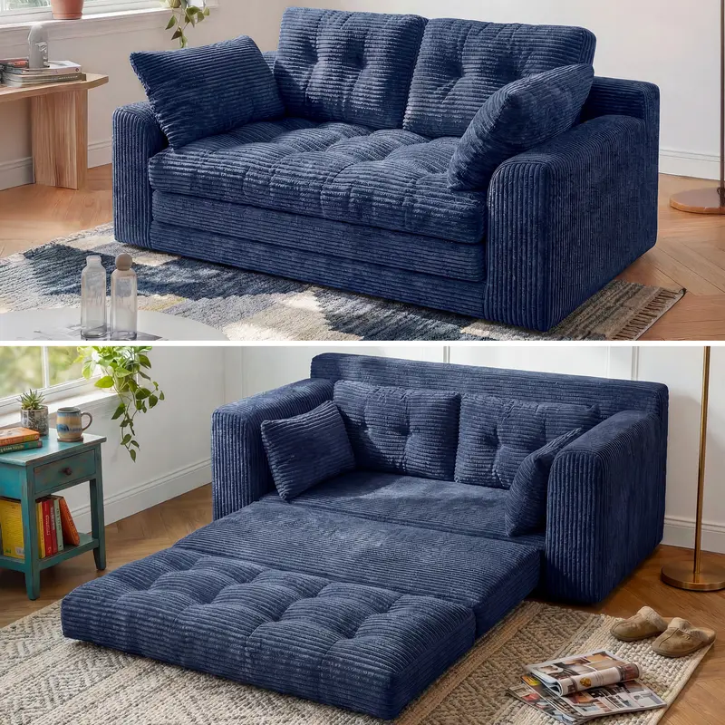 Raybee 2-3 Seater Folding Convertible Sofa Bed, Boneless Pull-Out Sleeper Sofa with Pillows, Tufting Corduroy Upholsted Foldable Floor Couch Comfy Lounge with High Resilience & High Density Foam for Small Space Living Room Bedroom, Black, Gray, White