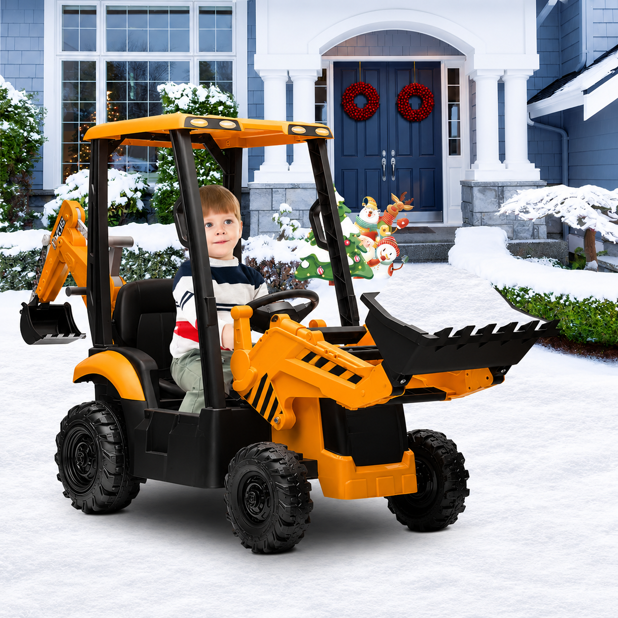 12V Kids Ride-On Excavator, Battery Powered Backhoe Digger with 2.4G Remote Control, Adjustable Front Loader & Rear Digger, Electric Construction Toy for Toddlers 3–6 Years Old