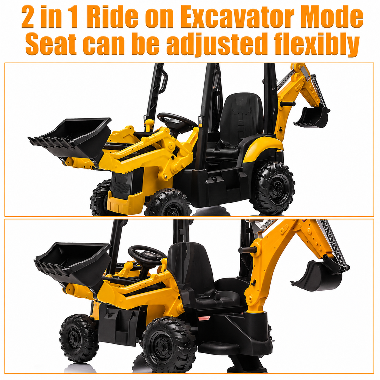 12V Kids Ride-On Excavator, Battery Powered Backhoe Digger with 2.4G Remote Control, Adjustable Front Loader & Rear Digger, Electric Construction Toy for Toddlers 3–6 Years Old