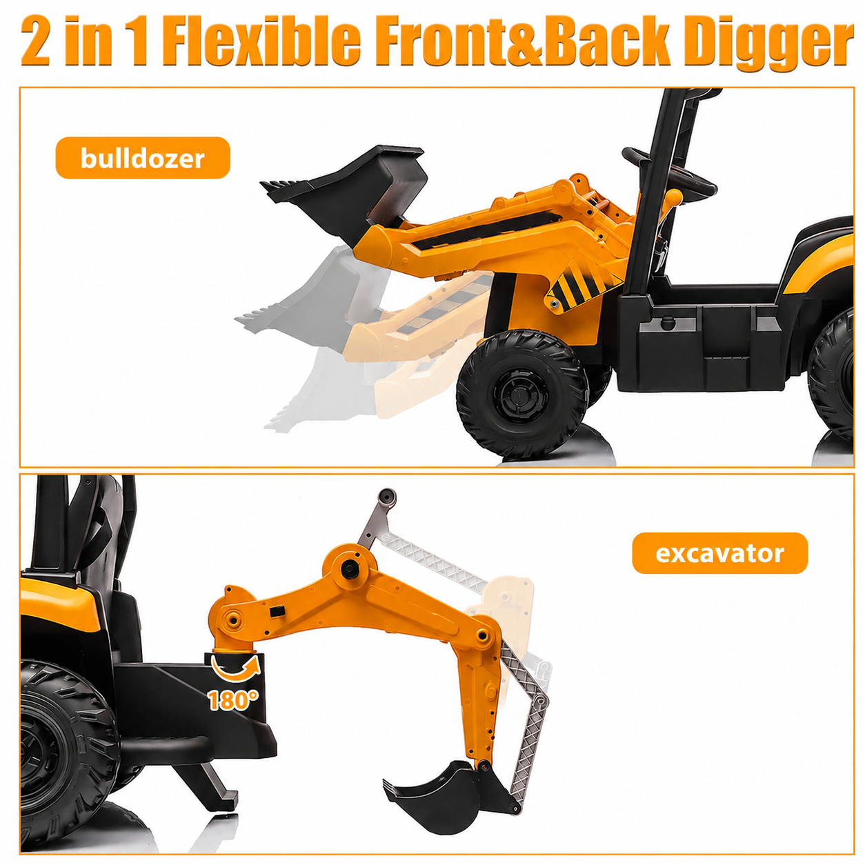 12V Kids Ride-On Excavator, Battery Powered Backhoe Digger with 2.4G Remote Control, Adjustable Front Loader & Rear Digger, Electric Construction Toy for Toddlers 3–6 Years Old