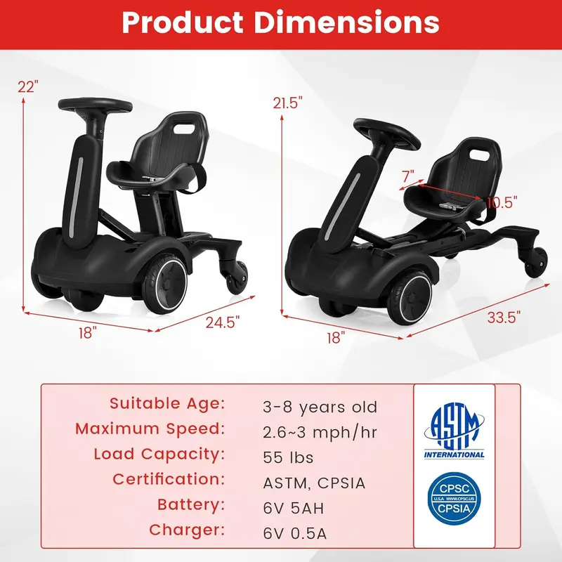 Costzon 6V Electric Ride On Car - Kids Drift Go Kart for 3+, 360-Degree Spin, 2-Position Adjustable Seat (Up-Down/Front-Back), 2.6-3 MPH Max Speed, Horn & Engine Sounds, Outdoor Kids Stuff, Cool Gifts for Toddlers, Kids Outdoor Play, Outdoor Gadgets