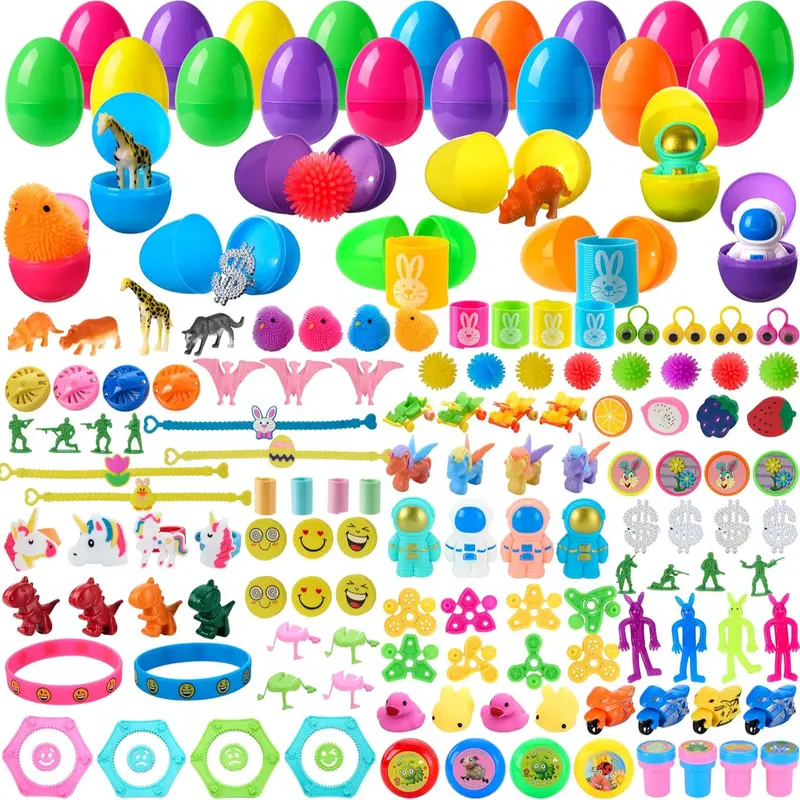 36pcs/48pcs/60pcs/80pcs/100pcs/120pcs/144pcs/160pcs/200pcs Prefilled Easter Eggs Toys and Stickers for Easter Egg Hunt, Filled with Toys Party Favors for Kids Boys Girls Easter Eggs Hunt, Basket Stuffers Fillers, Easter Egg Dye Decoration Kit