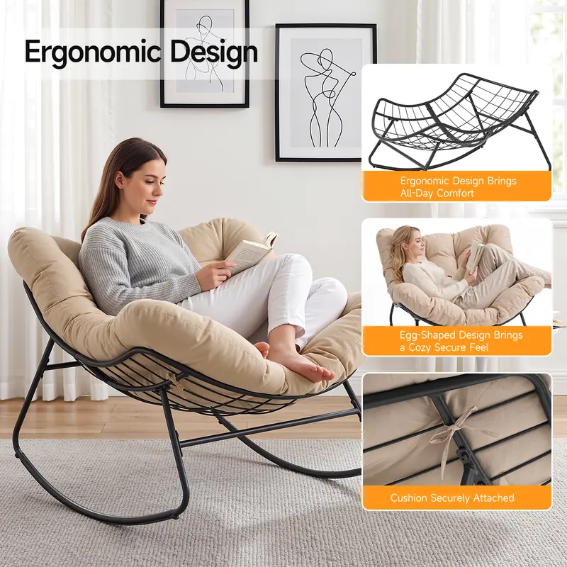 Papasan Rocking Chair Outdoor/ Indoor, Oversized Rocking Chair with Thickened Cushion, 450 lbs Large Comfy Egg Chair Indoor,Cozy Lounge Reading Glider Chair for Bedroom, Blue