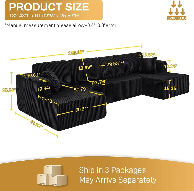 Niccae 132-Inch U-Shaped Memory Foam Sectional Sofa — An oversized modular design offering "cloud-like" comfort; features deep seating and compressed corduroy fabric, combining space-saving capabilities with a convertible sleeper function.