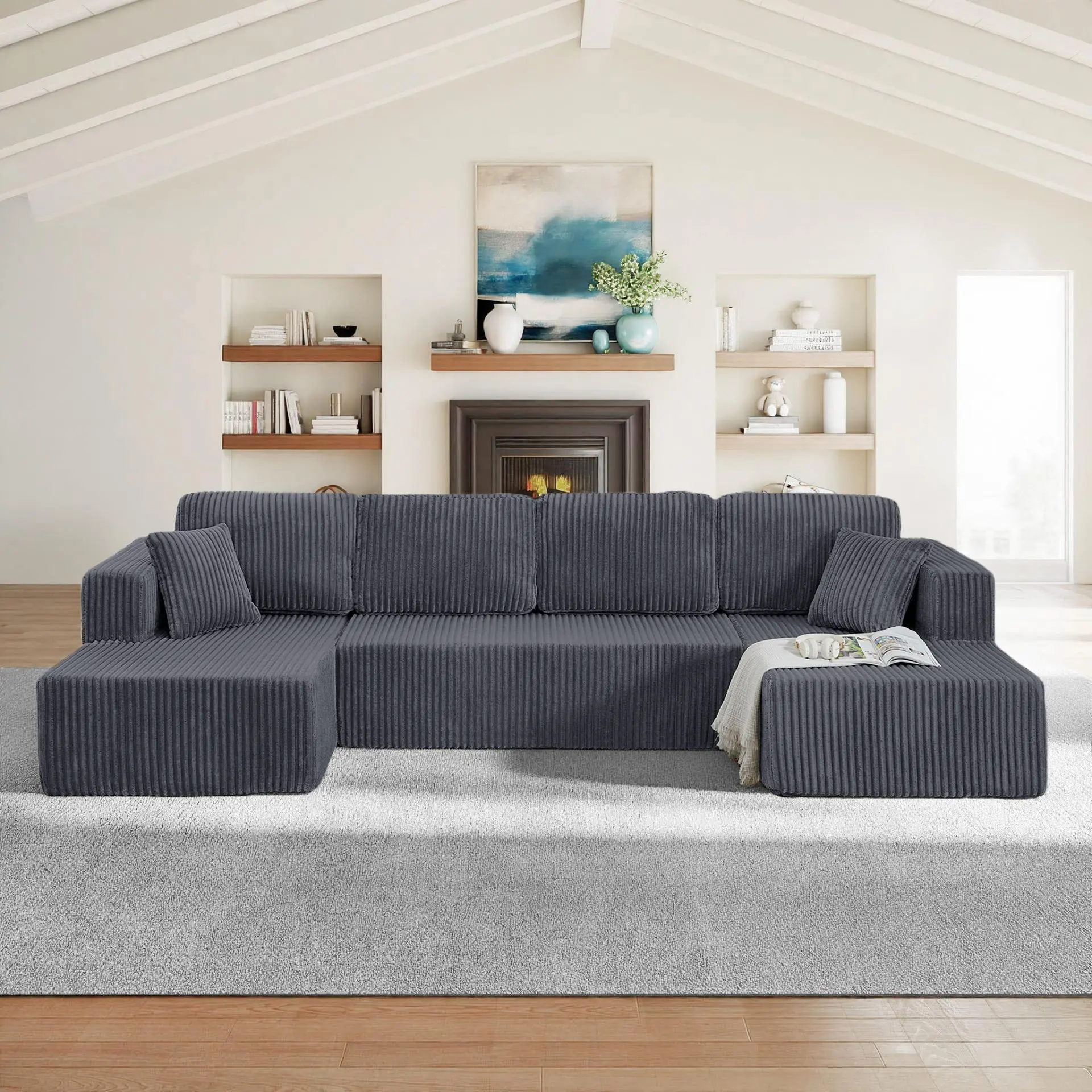 Niccae 132-Inch U-Shaped Memory Foam Sectional Sofa — An oversized modular design offering "cloud-like" comfort; features deep seating and compressed corduroy fabric, combining space-saving capabilities with a convertible sleeper function.