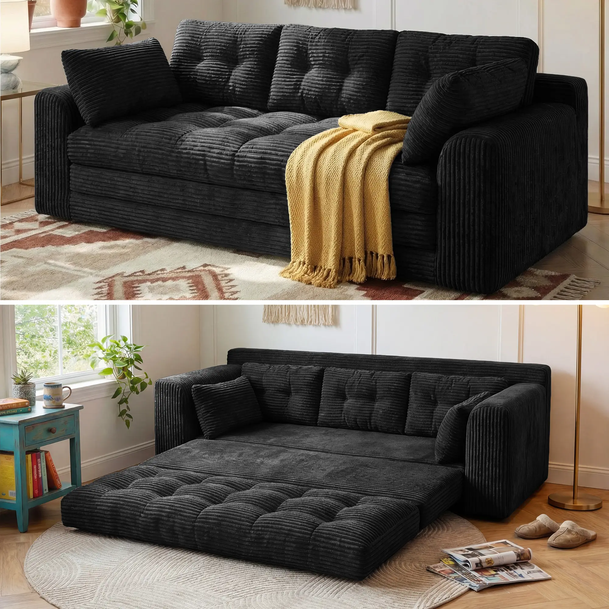 Raybee 2-3 Seater Folding Convertible Sofa Bed, Boneless Pull-Out Sleeper Sofa with Pillows, Tufting Corduroy Upholsted Foldable Floor Couch Comfy Lounge with High Resilience & High Density Foam for Small Space Living Room Bedroom, Black, Gray, White