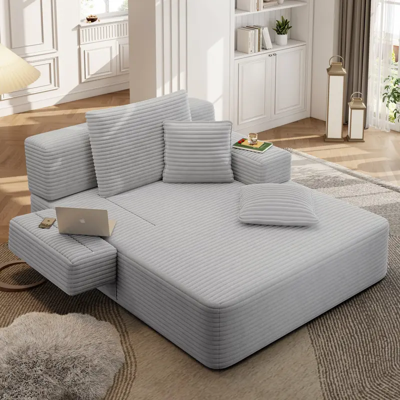 Luxury Plush Corduroy Convertible Sofa Bed, Oversized Chaise Lounge with 3 Pillows & Storage Pocket, Frameless Compression Foam Design for Small Spaces, No Assembly Required Sleeper Chair for Living Room, Apartment