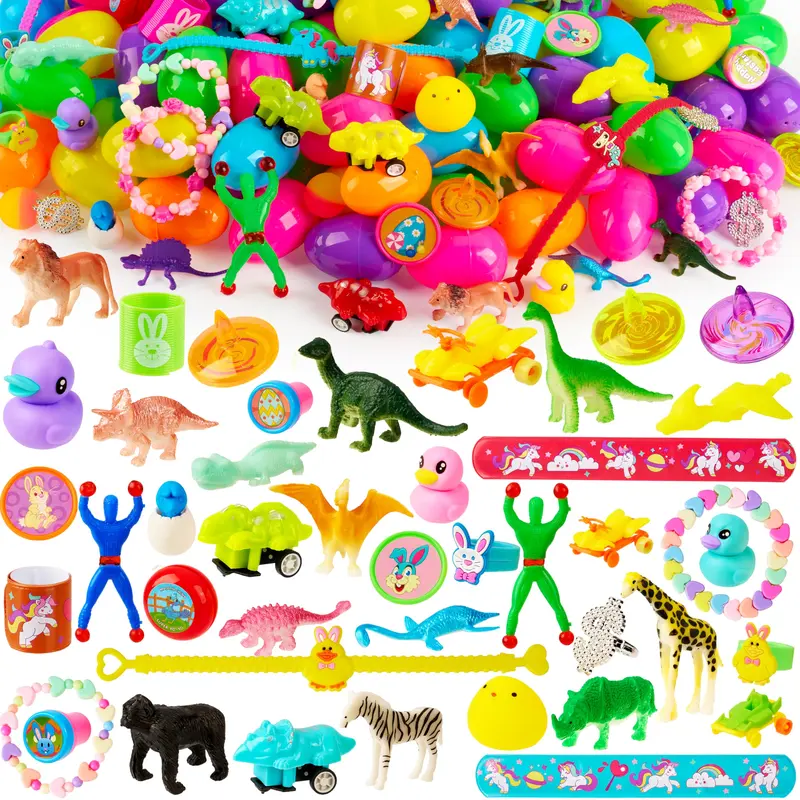 36pcs/48pcs/60pcs/80pcs/100pcs/120pcs/144pcs/160pcs/200pcs Prefilled Easter Eggs Toys and Stickers for Easter Egg Hunt, Filled with Toys Party Favors for Kids Boys Girls Easter Eggs Hunt, Basket Stuffers Fillers, Easter Egg Dye Decoration Kit