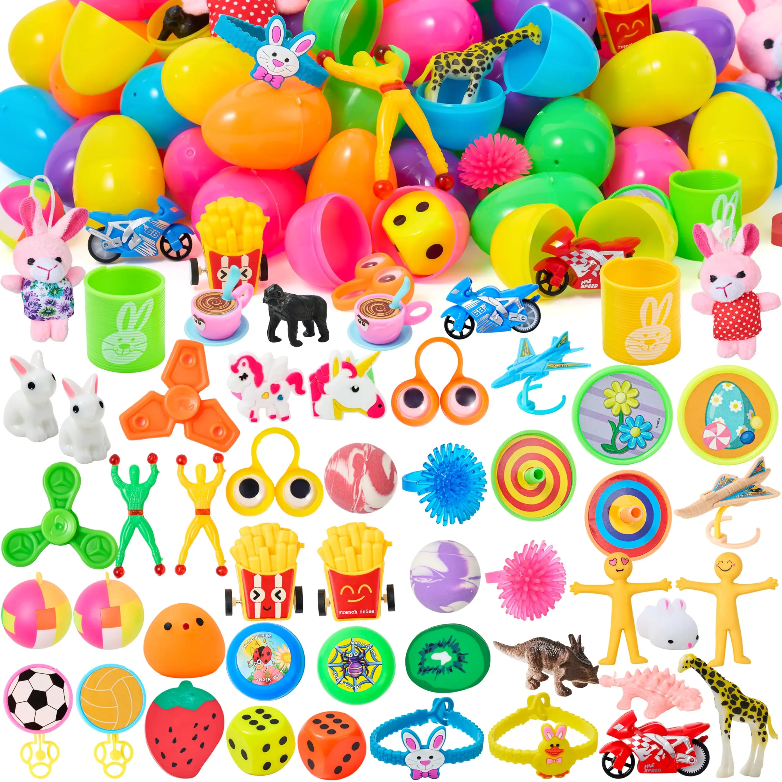 36pcs/48pcs/60pcs/80pcs/100pcs/120pcs/144pcs/160pcs/200pcs Prefilled Easter Eggs Toys and Stickers for Easter Egg Hunt, Filled with Toys Party Favors for Kids Boys Girls Easter Eggs Hunt, Basket Stuffers Fillers, Easter Egg Dye Decoration Kit