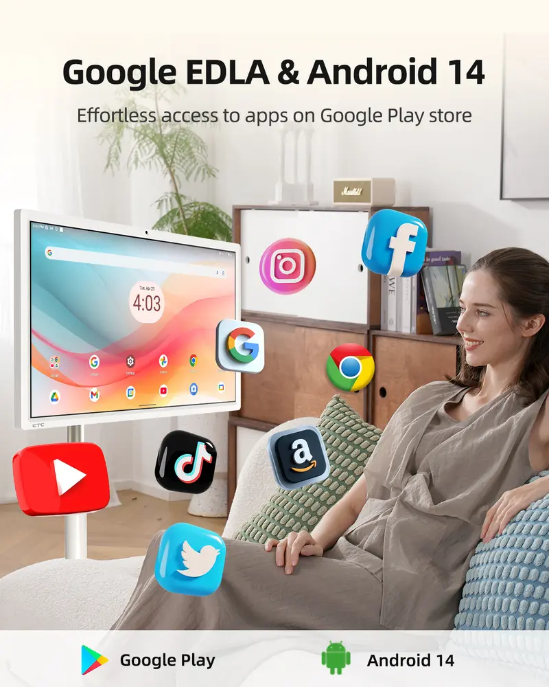 27" Portable Smart Touch Screen, Android 14, 8GB+128GB, 1080P Display, 9500mAh Battery, Wi-Fi Wireless Casting, Built-in Camera & Speakers