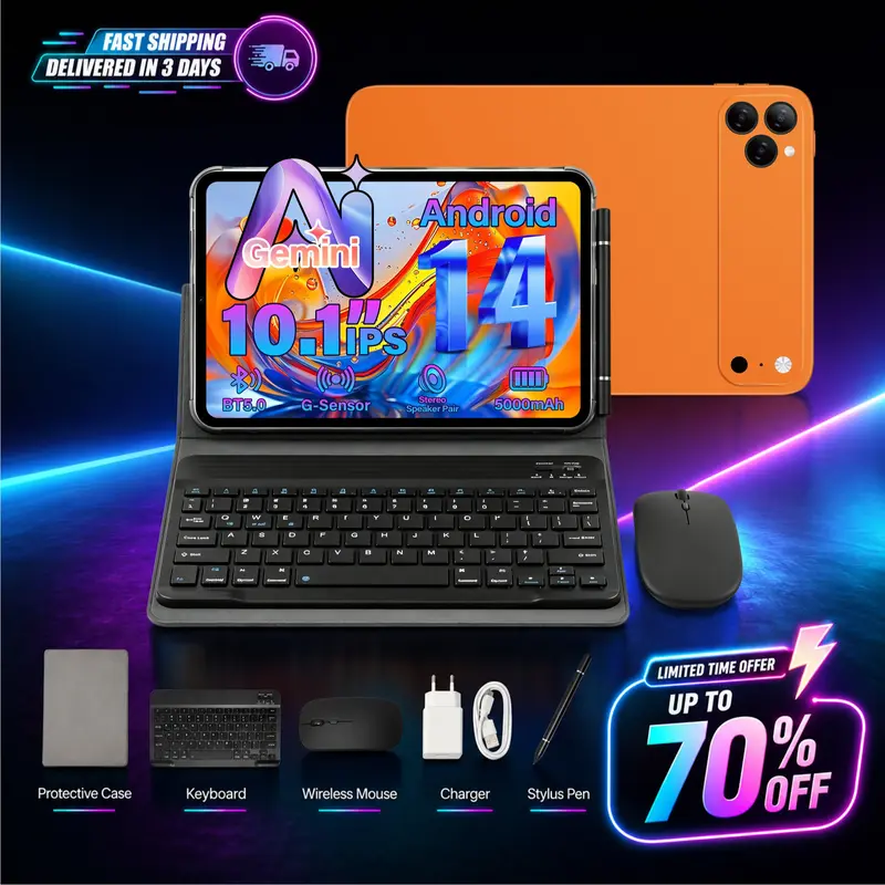 Back To School Android 10.1" Tablet Bundle, 8 + 256, Extended Storage Supported, w/ Keyboard Mouse Stylus for Notes, Classes, Streaming & Campus Life