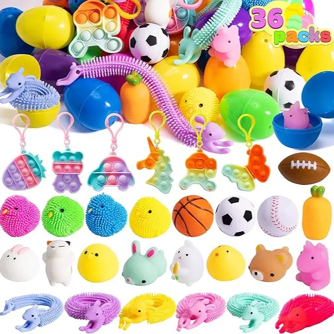 36pcs/48pcs/60pcs/80pcs/100pcs/120pcs/144pcs/160pcs/200pcs Prefilled Easter Eggs Toys and Stickers for Easter Egg Hunt, Filled with Toys Party Favors for Kids Boys Girls Easter Eggs Hunt, Basket Stuffers Fillers, Easter Egg Dye Decoration Kit
