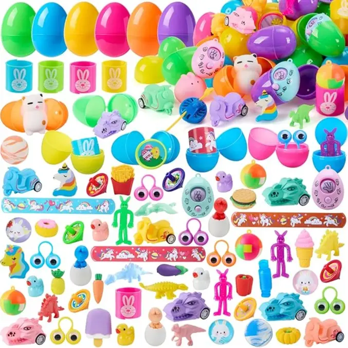 36pcs/48pcs/60pcs/80pcs/100pcs/120pcs/144pcs/160pcs/200pcs Prefilled Easter Eggs Toys and Stickers for Easter Egg Hunt, Filled with Toys Party Favors for Kids Boys Girls Easter Eggs Hunt, Basket Stuffers Fillers, Easter Egg Dye Decoration Kit