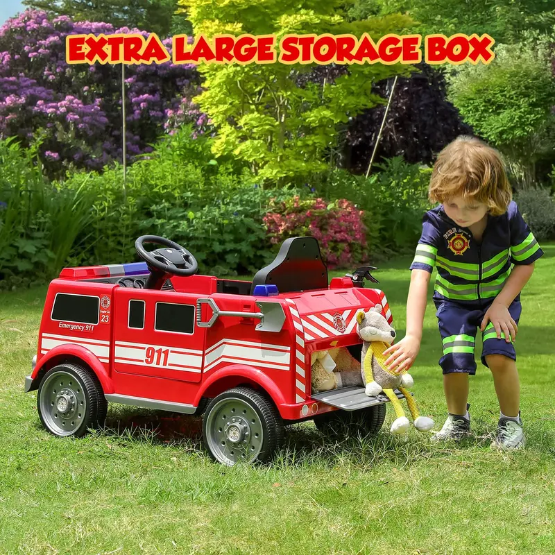 12V Fire Truck Police Car, Electric Ride on Car for Kids with Remote Control Battery Powered Toddler Car Siren-Call,walkie-talkies, Flashing Lights,Bluetooth,Music Ages 36+ Months