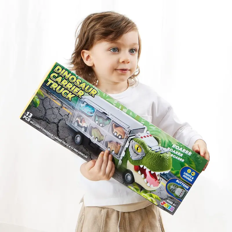 JOYIN 17inch 13 in 1 Dinosaur Transport Carrier Truck Set with 12 Pull Back Cars & 3 Die-cast Vehicles for Kids 3+ Year Old Boys Tyrannosaurus Truck & Triceratops Truck