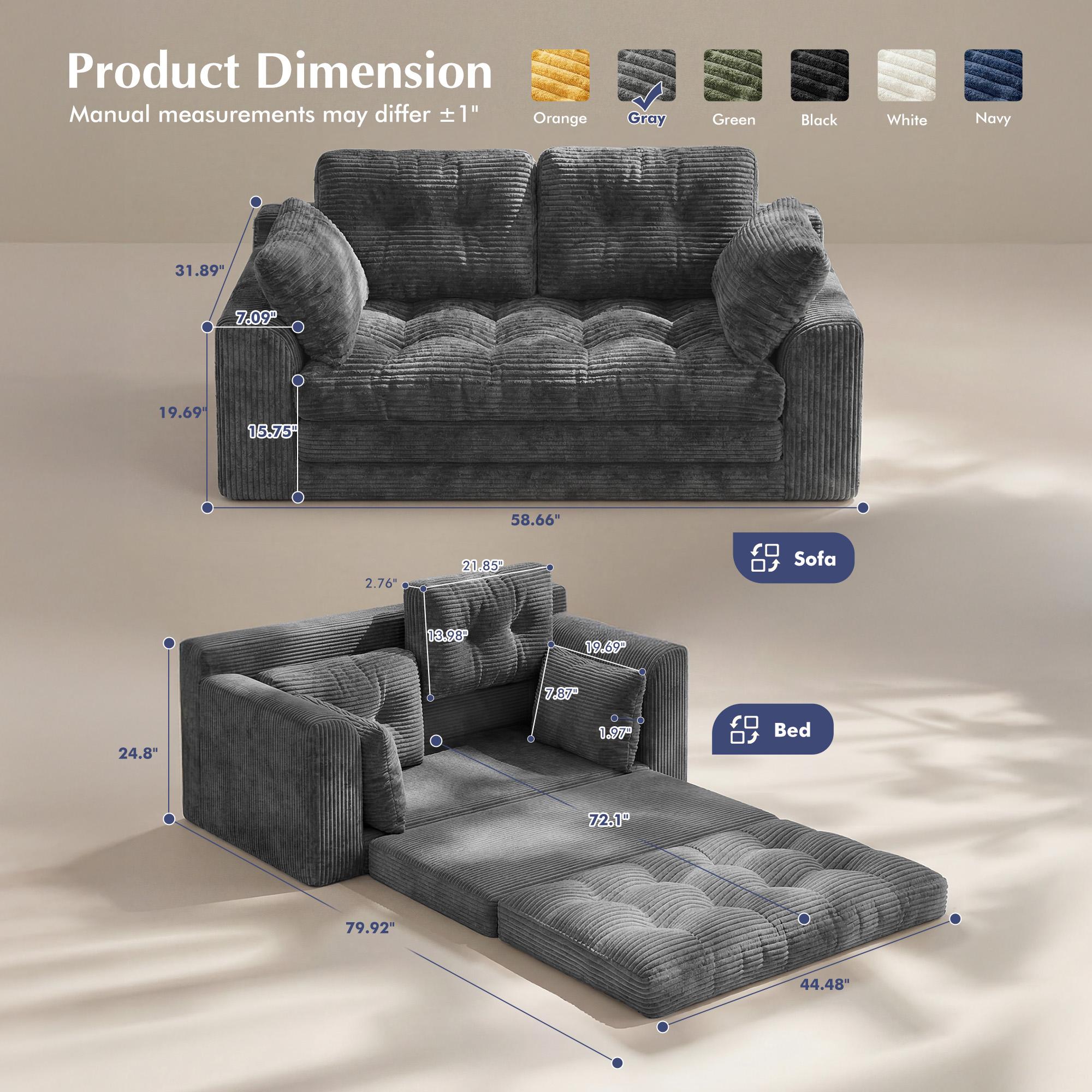 Raybee 2-3 Seater Folding Convertible Sofa Bed, Boneless Pull-Out Sleeper Sofa with Pillows, Tufting Corduroy Upholsted Foldable Floor Couch Comfy Lounge with High Resilience & High Density Foam for Small Space Living Room Bedroom, Black, Gray, White Raybee 2-3 Seater Folding Convertible Sofa Bed, Boneless Pull-Out Sleeper Sofa with Pillows, Tufting Corduroy Upholsted Foldable Floor Couch Comfy Lounge with High Resilience & High Density Foam for Small Space Living Room Bedroom, Black, Gray, White
