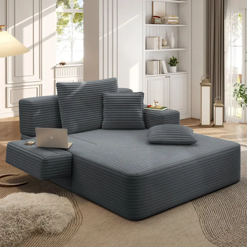 Luxury Plush Corduroy Convertible Sofa Bed, Oversized Chaise Lounge with 3 Pillows & Storage Pocket, Frameless Compression Foam Design for Small Spaces, No Assembly Required Sleeper Chair for Living Room, Apartment