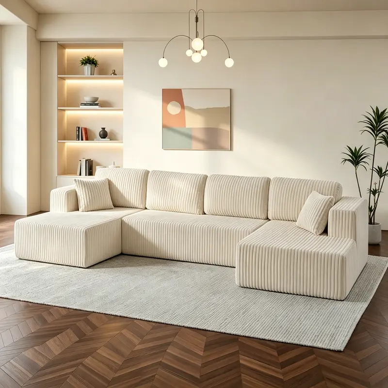 Niccae 132-Inch U-Shaped Memory Foam Sectional Sofa — An oversized modular design offering "cloud-like" comfort; features deep seating and compressed corduroy fabric, combining space-saving capabilities with a convertible sleeper function.