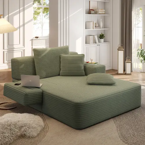 Luxury Plush Corduroy Convertible Sofa Bed, Oversized Chaise Lounge with 3 Pillows & Storage Pocket, Frameless Compression Foam Design for Small Spaces, No Assembly Required Sleeper Chair for Living Room, Apartment