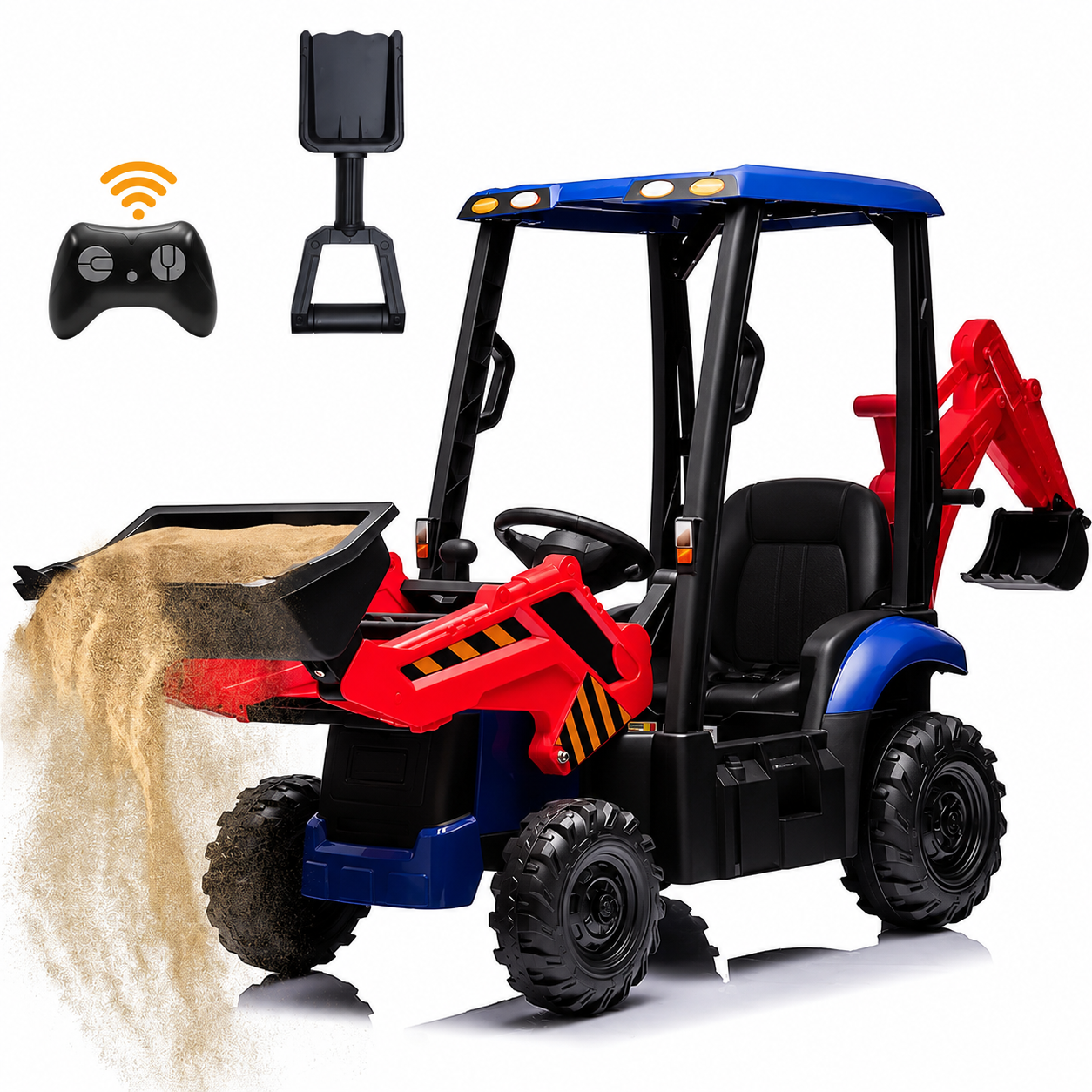 12V Kids Ride-On Excavator, Battery Powered Backhoe Digger with 2.4G Remote Control, Adjustable Front Loader & Rear Digger, Electric Construction Toy for Toddlers 3–6 Years Old