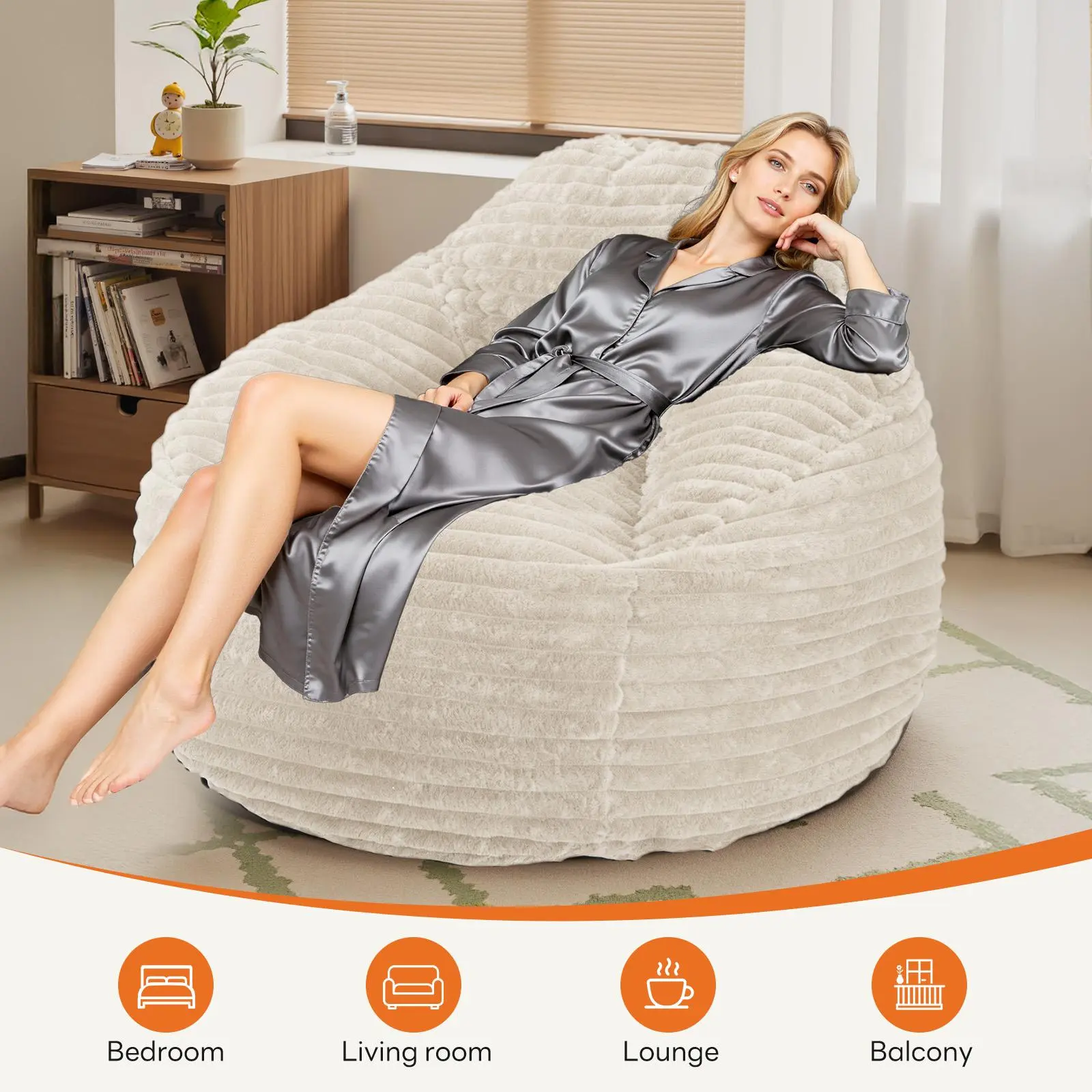 Bean Bag Chair 39 Inch Memory Foam Rounded Sofa with Backrest Beige and Black