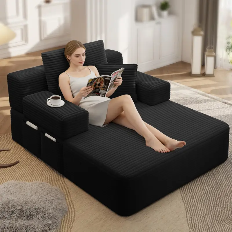 Luxury Plush Corduroy Convertible Sofa Bed, Oversized Chaise Lounge with 3 Pillows & Storage Pocket, Frameless Compression Foam Design for Small Spaces, No Assembly Required Sleeper Chair for Living Room, Apartment