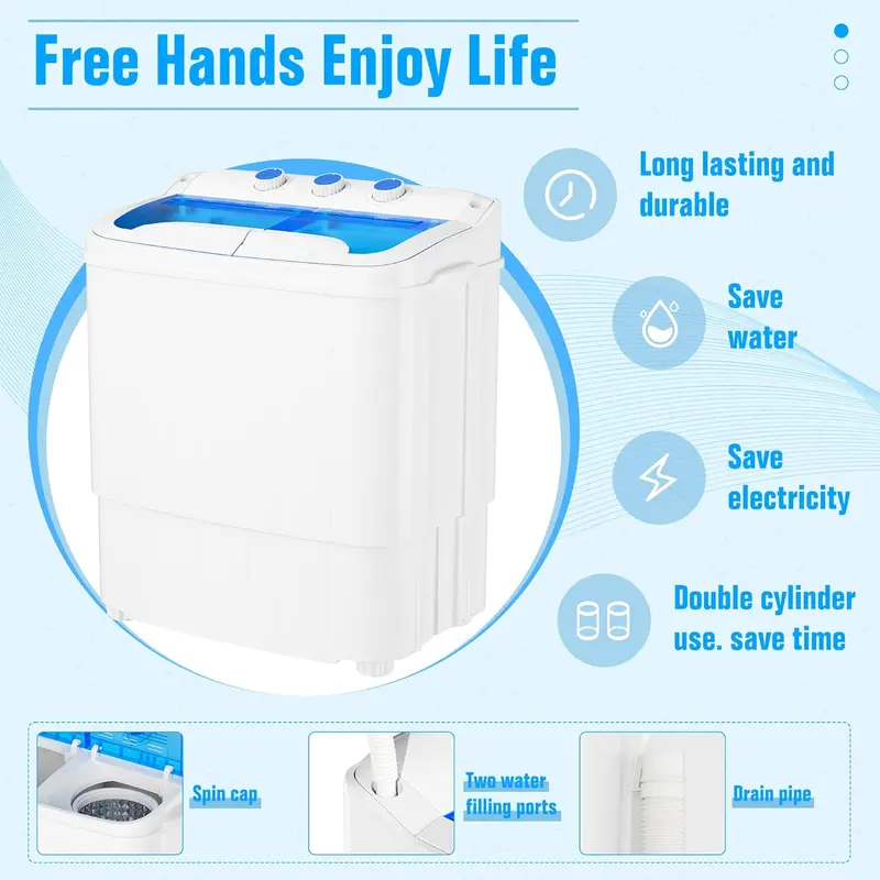 INTERGREAT Portable Washing Machine with Longer Hose, 16lbs Twin Tub Laundry Washer Machine with 9.6Lbs Washer and 5.4Lbs Spinner dryer, Semi-automatic Washer Combo for Dorms, Apartments, Blue#Summervibes