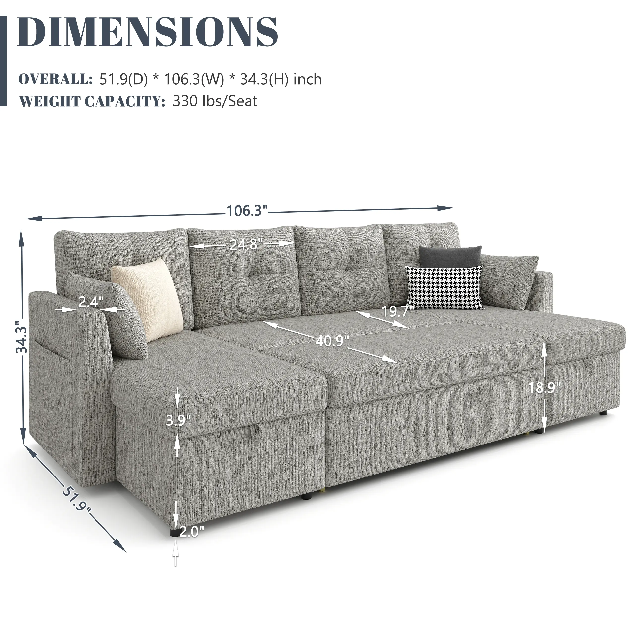 Oversized 110 Inch Sleeper Sofa Bed with Storage