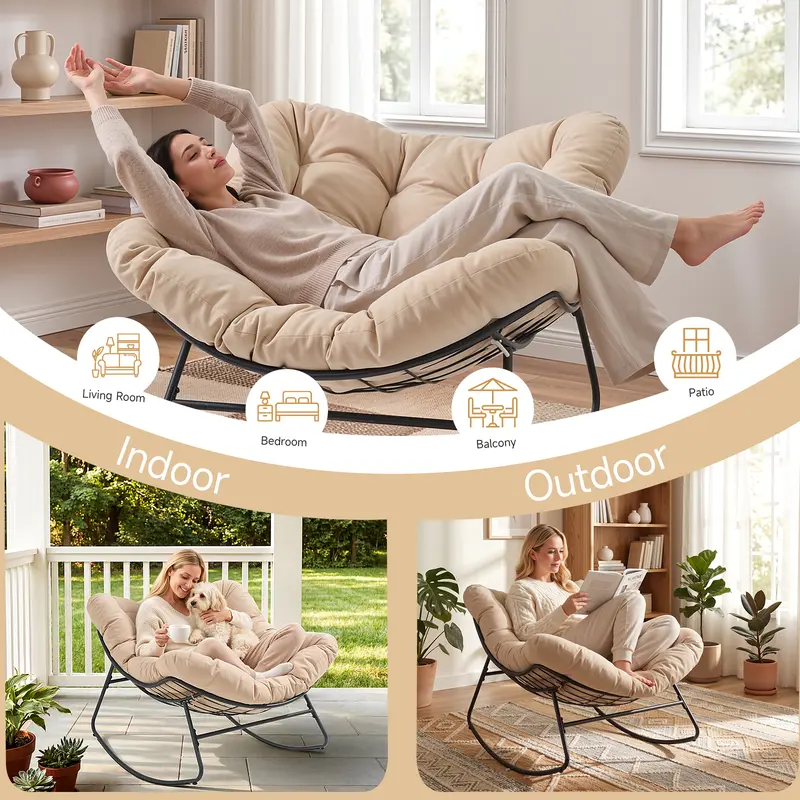 Papasan Rocking Chair Outdoor/ Indoor, Oversized Rocking Chair with Thickened Cushion, 450 lbs Large Comfy Egg Chair Indoor,Cozy Lounge Reading Glider Chair for Bedroom, Blue
